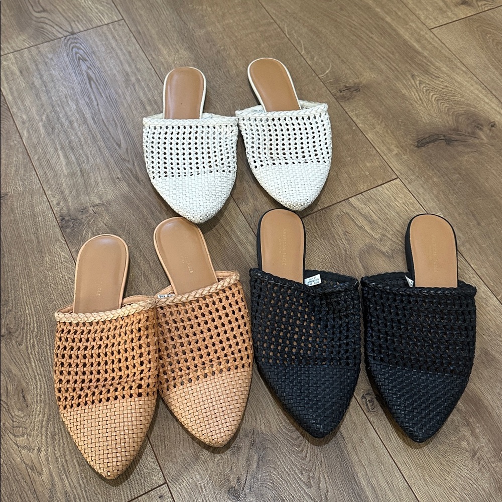 American Eagle Mules in White, Tan, and Black